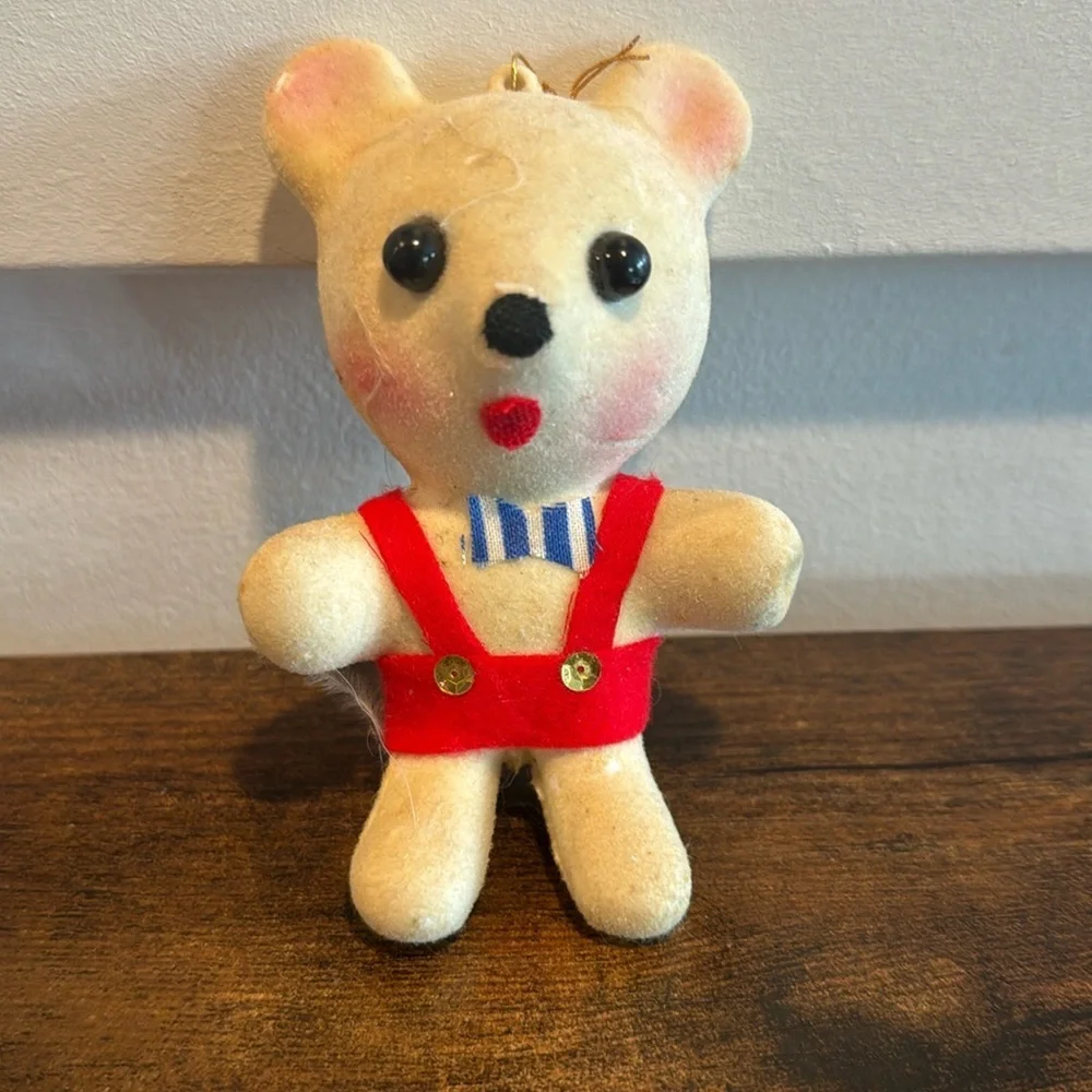 VINTAGE CHRISTMAS BEAR WITH OVERALLS AND TIE PLASTIC FLOCKED HANGING ORNAMENT